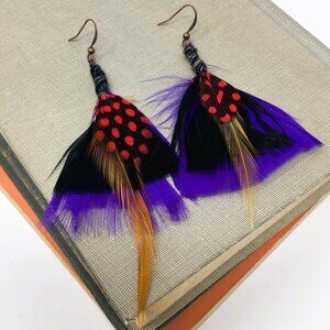 Exotic Purple Red Rust Triangular Peacock Feather Wrapped Dangle Earrings